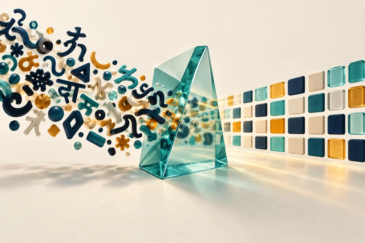 Abstract character tiles passing through a glass prism.