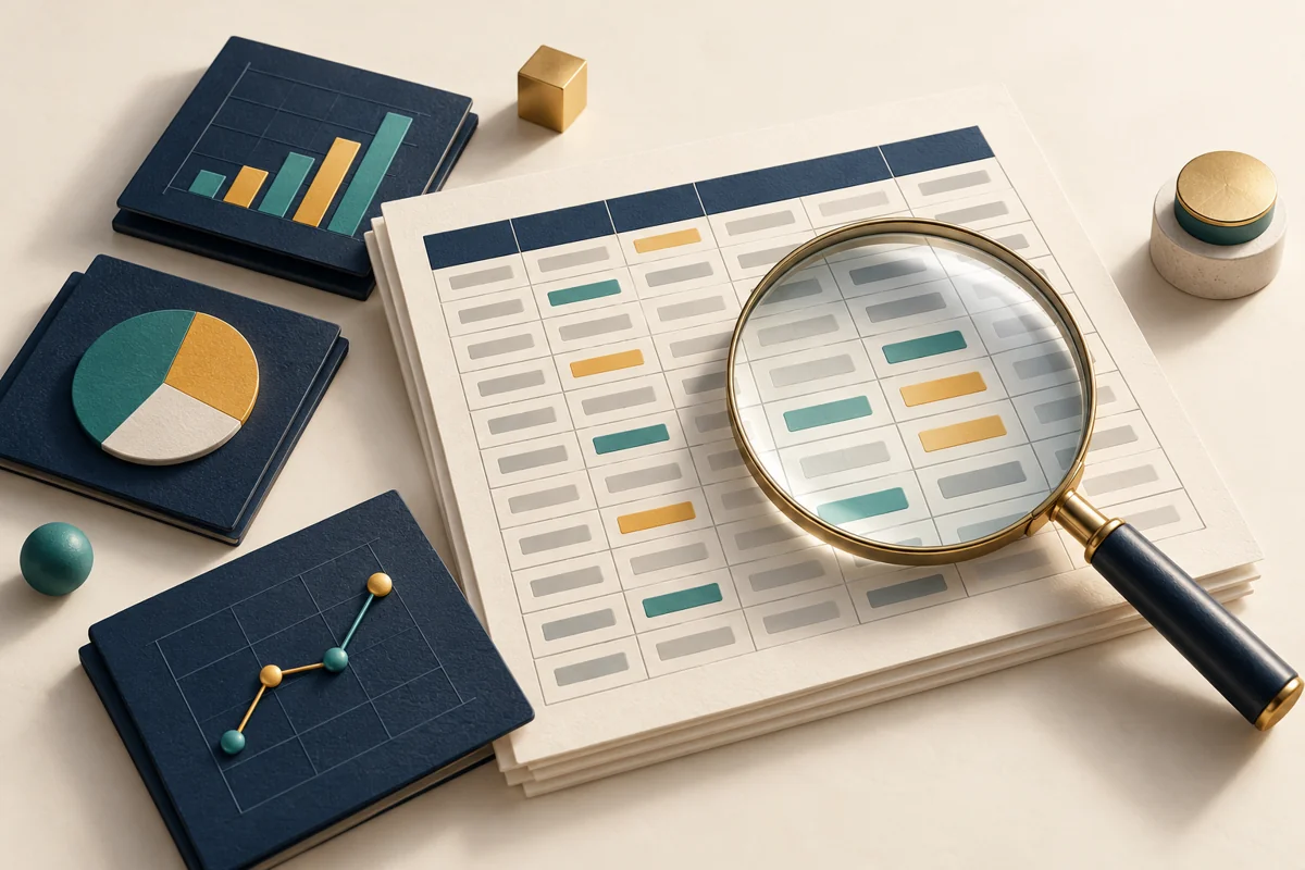 A magnifying glass inspecting a structured grid of data cards.